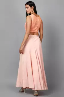 Peach Cotton Lace Crop top, Moss crepe Flare Skirt and Embroidered Net Dupatta