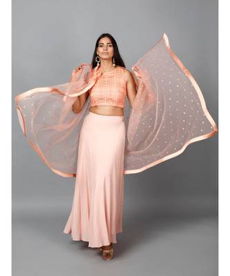 Peach Cotton Lace Crop top, Moss crepe Flare Skirt and Embroidered Net Dupatta 5