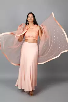 Peach Cotton Lace Crop top, Moss crepe Flare Skirt and Embroidered Net Dupatta