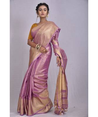 Light Lavendar Tissue Linen saree with blouse with Broad Zari Border 1