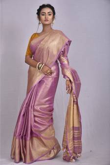 Light Lavendar Tissue Linen saree with blouse with Broad Zari Border