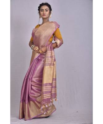 Light Lavendar Tissue Linen saree with blouse with Broad Zari Border 2