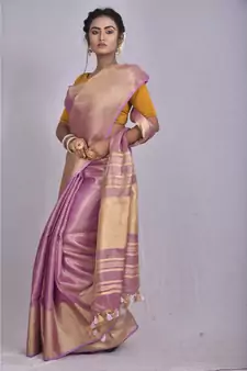 Light Lavendar Tissue Linen saree with blouse with Broad Zari Border