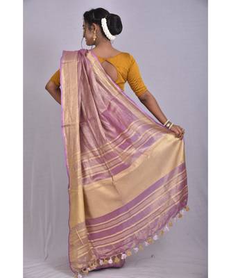 Light Lavendar Tissue Linen saree with blouse with Broad Zari Border 3