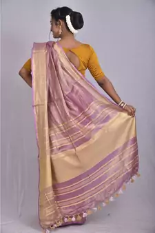 Light Lavendar Tissue Linen saree with blouse with Broad Zari Border
