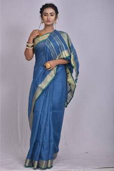 Blue Linen saree with blouse with zari border