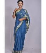 Blue Linen saree with blouse with zari border