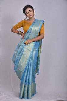 Blue Tissue Linen saree with blouse with Broad Zari Border