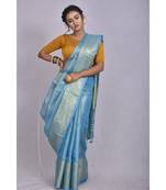 Blue Tissue Linen saree with blouse with Broad Zari Border
