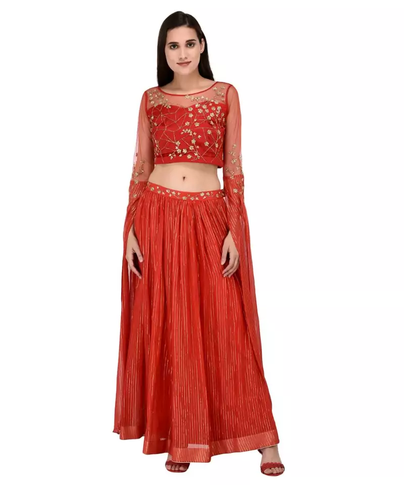 Miracolos Red Hand Embellished Sequins Ethnic Party Dress
