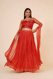 Miracolos Red Hand Embellished Sequins Ethnic Party Dress