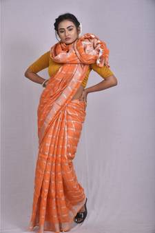 Orange Linen saree with blouse with checkered pattern