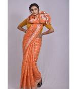 Orange Linen saree with blouse with checkered pattern