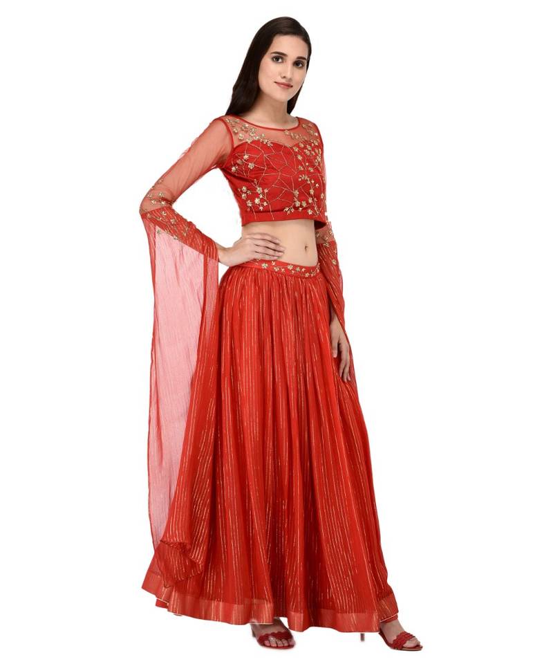 Miracolos Red Hand Embellished Sequins Ethnic Party Dress