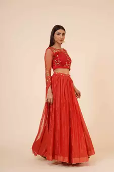 Miracolos Red Hand Embellished Sequins Ethnic Party Dress