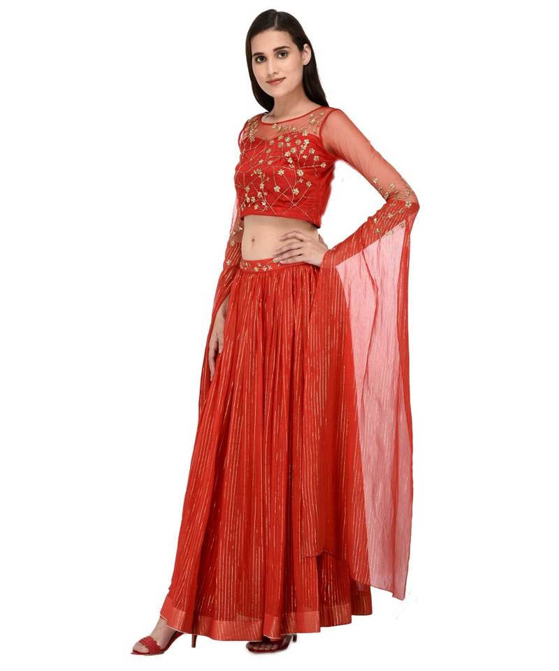 Miracolos Red Hand Embellished Sequins Ethnic Party Dress