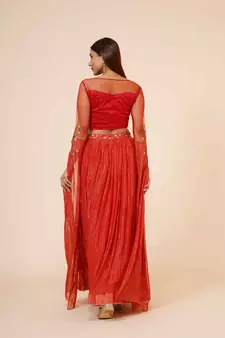 Miracolos Red Hand Embellished Sequins Ethnic Party Dress