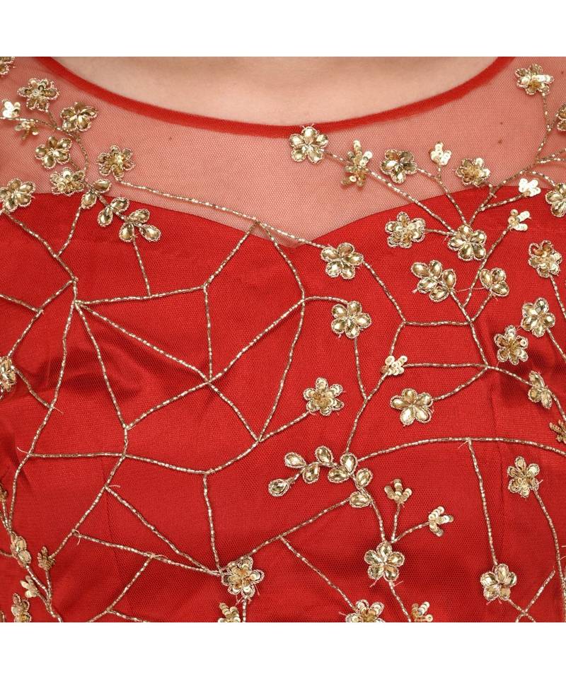 Miracolos Red Hand Embellished Sequins Ethnic Party Dress