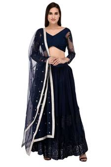 Dark Blue Georgette Embroidered Net Lehanga with pin tucks pleated blouse