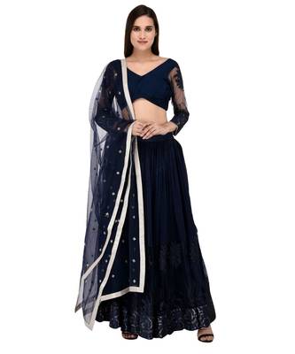Dark Blue Georgette Embroidered Net Lehanga with pin tucks pleated blouse 1