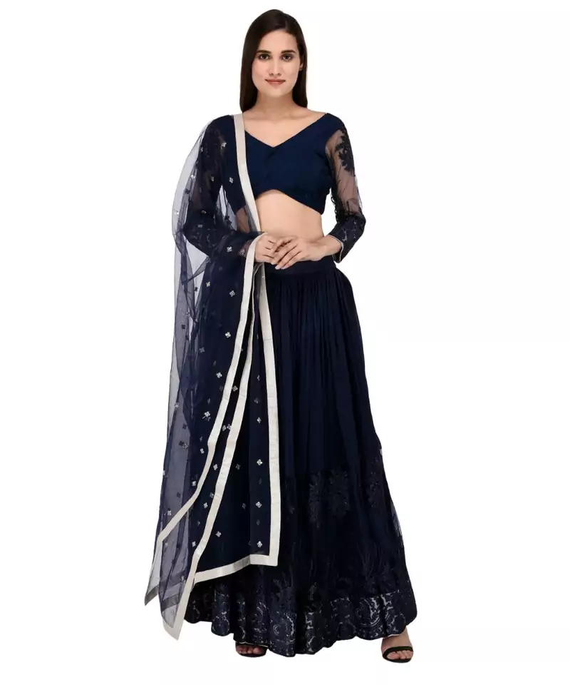 Dark Blue Georgette Embroidered Net Lehanga with pin tucks pleated blouse