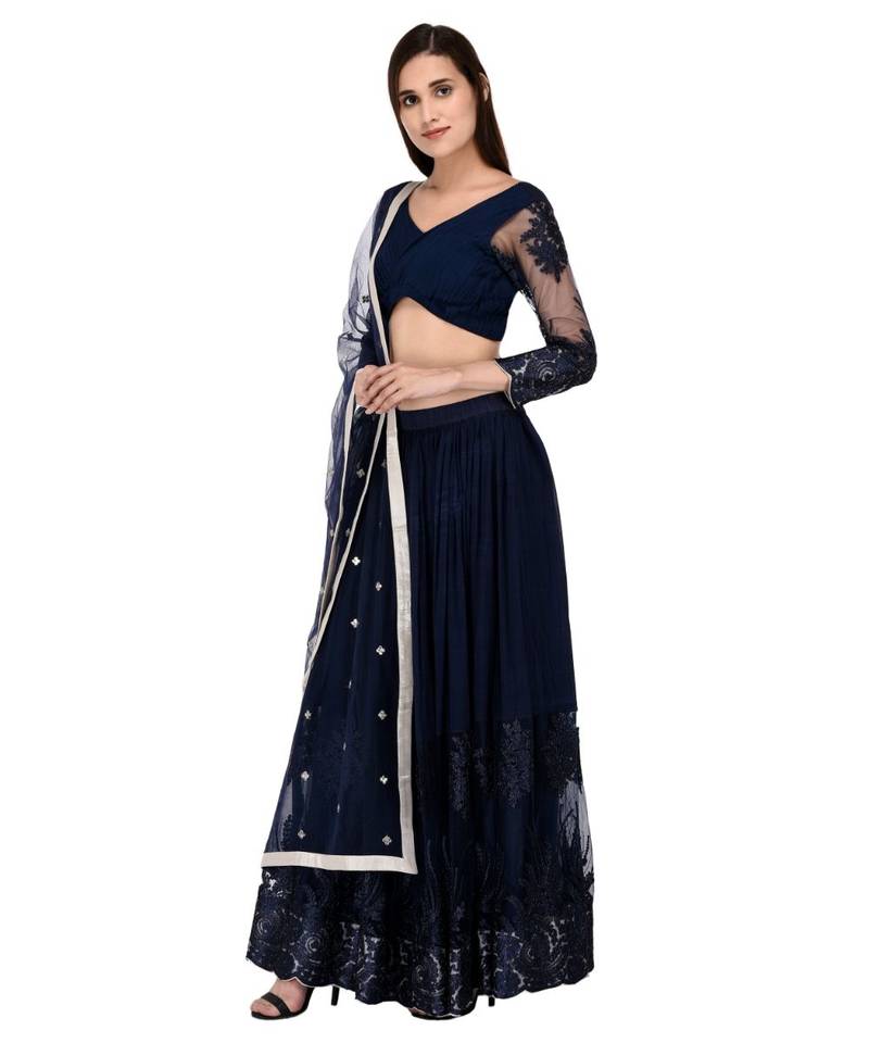Dark Blue Georgette Embroidered Net Lehanga with pin tucks pleated blouse