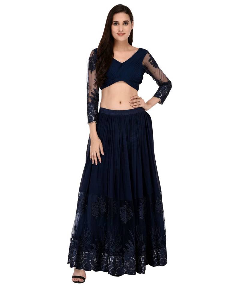 Dark Blue Georgette Embroidered Net Lehanga with pin tucks pleated blouse