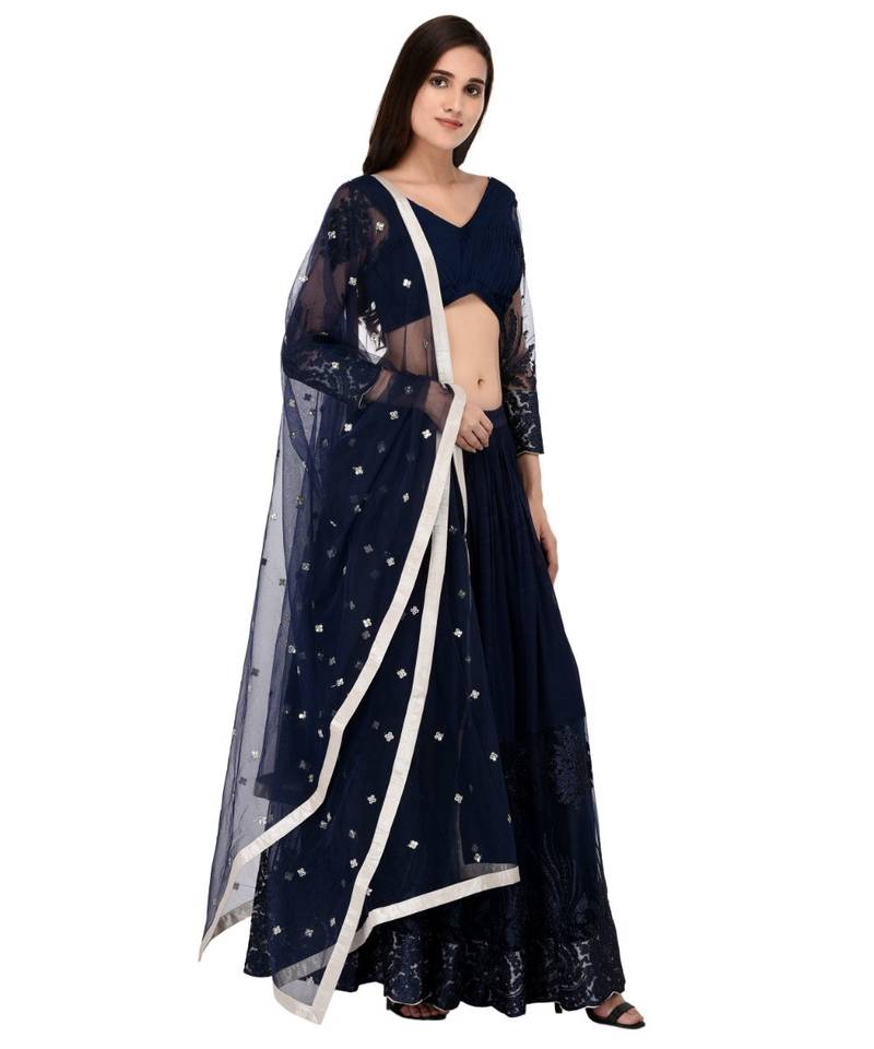 Dark Blue Georgette Embroidered Net Lehanga with pin tucks pleated blouse