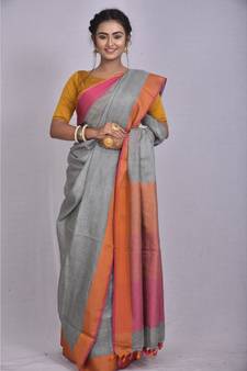 Grey Linen saree with blouse with contrast border