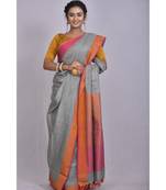Grey Linen saree with blouse with contrast border