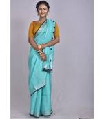 Blue Linen saree with blouse with zari border