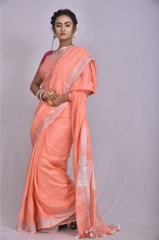 Light Orange Linen saree with blouse with Zari Border