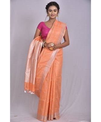 Orange Linen saree with blouse with checkered pattern 1