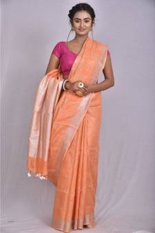 Orange Linen saree with blouse with checkered pattern