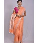 Orange Linen saree with blouse with checkered pattern