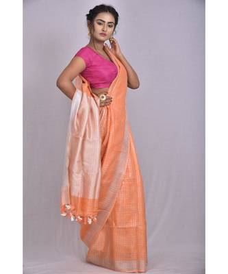 Orange Linen saree with blouse with checkered pattern 2