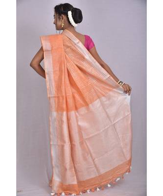 Orange Linen saree with blouse with checkered pattern 3