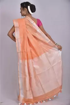 Orange Linen saree with blouse with checkered pattern