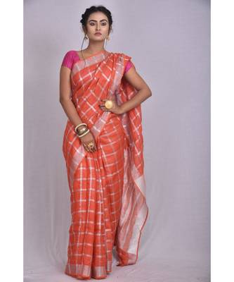 Orange Linen saree with blouse with checkered pattern 1