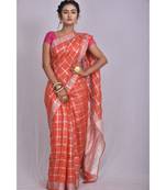 Orange Linen saree with blouse with checkered pattern