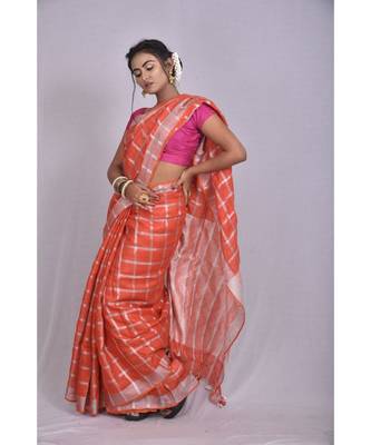 Orange Linen saree with blouse with checkered pattern 2