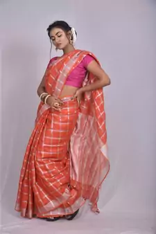 Orange Linen saree with blouse with checkered pattern