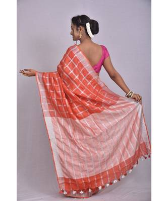 Orange Linen saree with blouse with checkered pattern 3