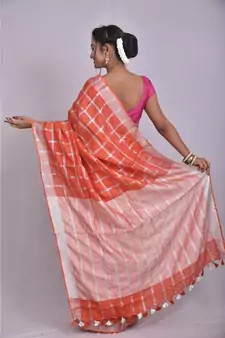 Orange Linen saree with blouse with checkered pattern
