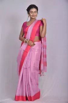 Light Pink Tissue Linen saree with blouse with contrast border