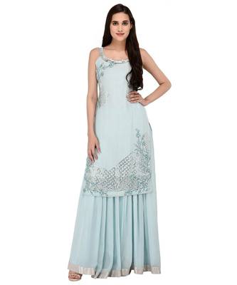 Light Blue Embroidered halter neck kurta with Georgette Lehanga set 1
