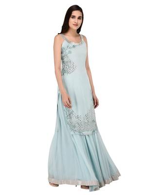 Light Blue Embroidered halter neck kurta with Georgette Lehanga set 3
