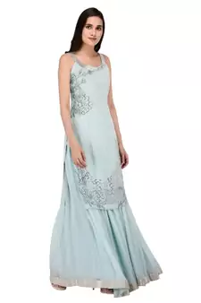 Light Blue Embroidered halter neck kurta with Georgette Lehanga set