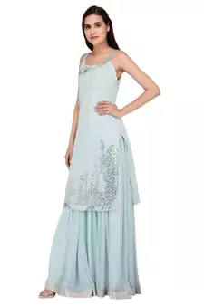 Light Blue Embroidered halter neck kurta with Georgette Lehanga set