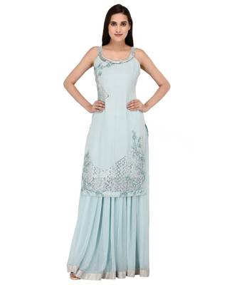 Light Blue Embroidered halter neck kurta with Georgette Lehanga set 5